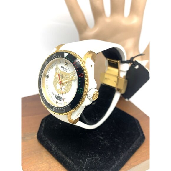 GUCCI Men's Watch YA136322 Dive Cat Swiss Quartz Gold White Rubber Strap 40mm - Picture 2 of 13